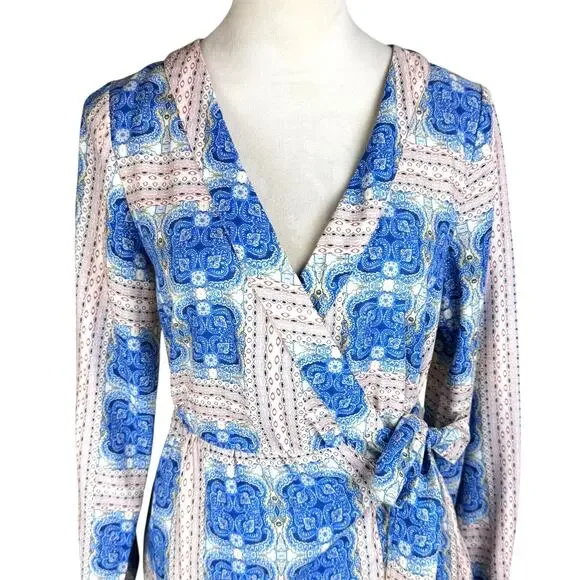 Ciebon Rachelle Blue Multi Print V-neck Long Sleeve Mini Wrap Dress - Picture 10 of 16